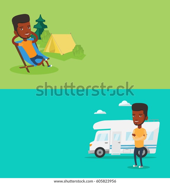 Two travel banners with space for text. Vector\
flat design. Horizontal layout. Young man sitting in a folding\
chair in the camp. African-american man relaxing in camp. Man\
enjoying his camping\
holiday
