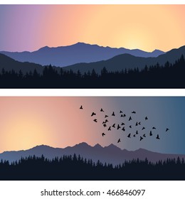 Two travel landscapes with silhouettes of mountains and forest at sunrise. Vector illustration