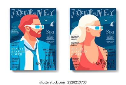 Two travel magazine cover designs for the summer holidays season. Male and female characters wearing summer clothes and sunglasses. Sea background with gulls. Vector illustration