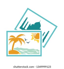 Two travel photograph icon. Stencil in blue and yellow tone. Vector illustration.