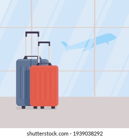 Two travel suitcases against background of large windows in waiting area of airport terminal, view of plane taking off. Interior of airport. Concept of vacation or business trip. Vector illustration