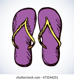 Two travel swimwear lilac sandles isolated on white background. Freehand bright color hand drawn icon sketchy in art scribble retro style. Top close-up view and space for text on sunny sandy sea shore