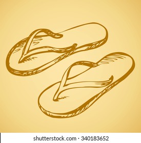 Two travel swimwear sandles isolated on beige background. Freehand ink hand drawn icon sketchy in art scribble retro style pen on paper. Top close-up view with space for text on sunny sandy sea shore