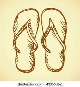 Two travel swimwear sandles isolated on beige background. Freehand ink hand drawn picture sketchy in scribble retro style pen on paper. Top close-up view with space for text on sandy sea shore