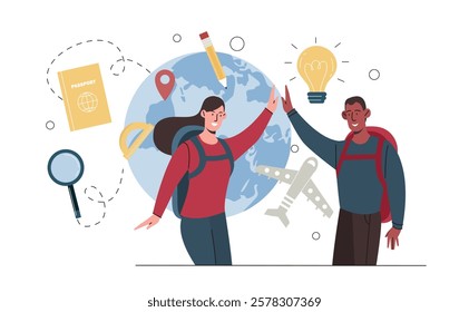 Two travelers with backpacks high-fiving near a globe. Passport, plane, map pin, and lightbulb icons surround them. Creative travel concept. Vector illustration