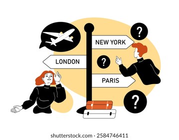 Two travelers confused at a signpost showing directions to New York, London, and Paris, with question marks and luggage, on a white background