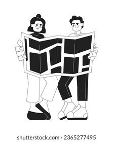 Two travelers looking on map monochromatic flat vector character. Editable full body unhappy people do not understand map on white. Simple bw cartoon spot image for web graphic design