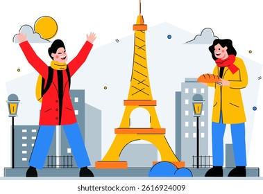 Two travelers visit the Eiffel Tower