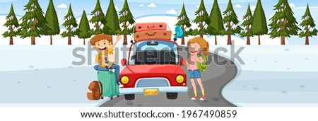 Two traveller in winter, horizontal landscape scene illustration