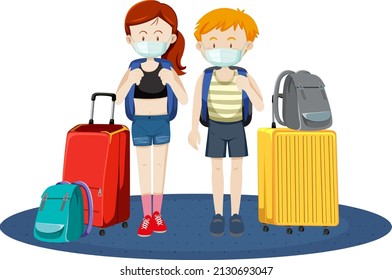 Two travellers wearing masks with their luggages illustration