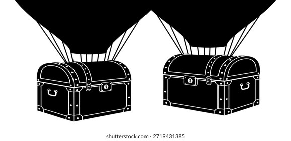 Dos cofres del tesoro con globos de aire caliente sobre ellos, ilustración en blanco y negro.
