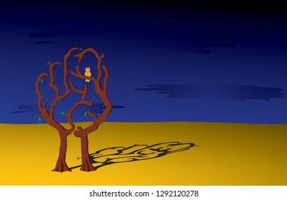 Two tree with branches shaped as a human fist in a barren landscape for the concept of natural defiance. Vector illustration.