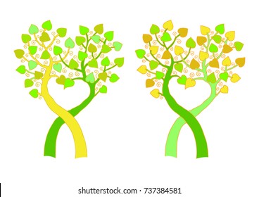 Two tree with heart in two color variants. Hand drawn picture for poster, cover or t-shirt. Full color vector illustration isolated on background. 