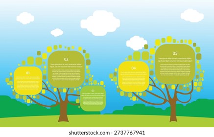 Two Tree Infographic Template with Five Steps, Green Nature Business Growth Diagram on Blue Sky Background.
