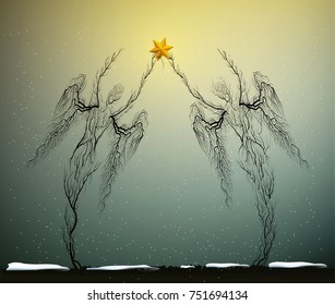 two tree silhouettes like a angels holding red Christmas star in snowing weather,  Christmas icon concept, people like plant, surrealism,