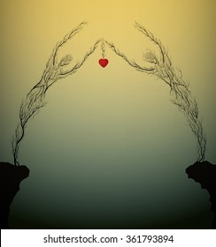 two tree silhouettes like a man and woman holding red heart and growing on the opposite rock, Valentine`s day plant decoration, love forever, people like plant, marriage idea surrealism,