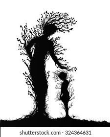 two tree silhouettes look like woman and kid or mother and child, plant surrealism,  fairy tree silhouettes, big and small tree soul on white background, vector.