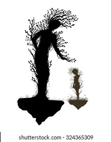 two tree silhouettes look like people and growing on flying rock, plant surrealism,  fairy tree silhouettes, vector.