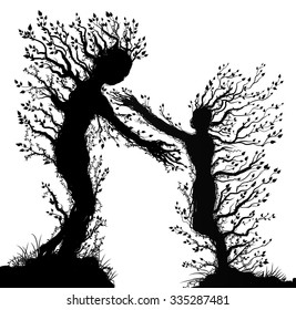 two tree silhouettes look like man and woman with stretching arm to each other, plant surrealism,  fairy tree silhouettes two tree souls on white background, vector.