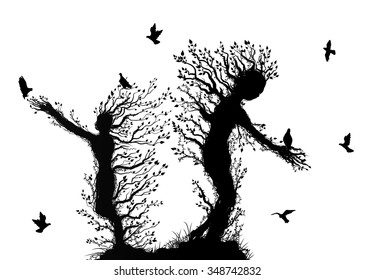 two tree silhouettes look like man stretching arm to flying bird, plant surrealism,  fairy tree silhouettes two tree souls on white background, vector.