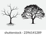 Two tree silhouettes one dead tree with root another one green alive in black on white background. Black flat color simple elegant tree vector and illustration.