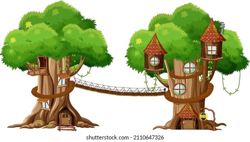 Two treehouses with rope bridge illustration