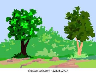 Two trees with dark green and yellowish green leaves Behind it there is a green forest line. The ground has light brown rocks.