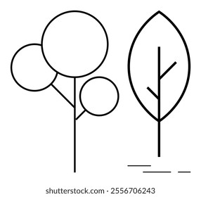 Two trees depicted with minimalistic and geometric line art one with circular foliage and one with a leaf shape. Ideal for nature conservation environmental design modern art education outdoor