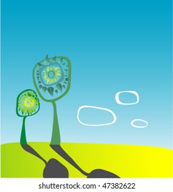 two trees in the desert, the shadow of the trees on the sand