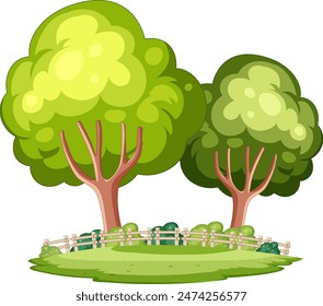 Two trees in a fenced park