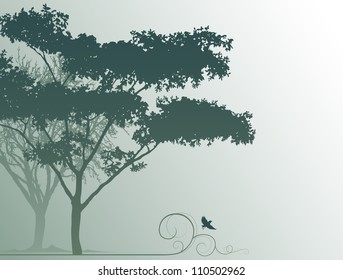 Two trees in a fog. The small bird flies. Adobe Illustrator 8.