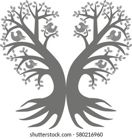 two trees in the form of heart with birds sitting on them