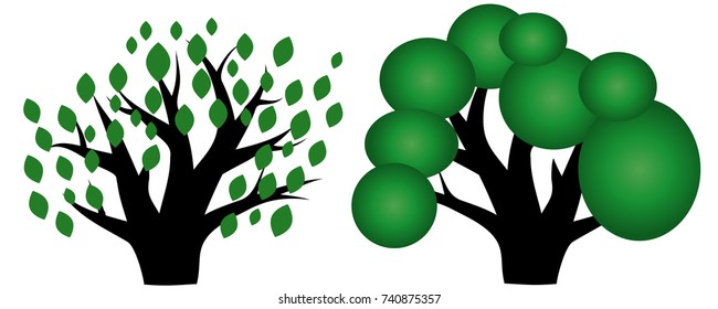 Two trees with green crowns and thick trunks