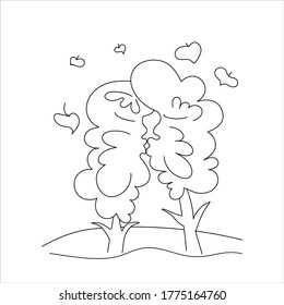Two trees are kissing. Stock vector illustration. Isolate on a white background. Minimalism. Coloring.  Black line on white background. Coloring book