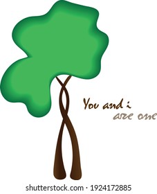 Two Trees In Love Embrace And Intertwine With Crowns Merging Into A Single Whole. Vector Postcard. The Image Is Isolated On A Transparent Background.