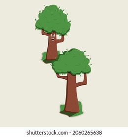 Two trees with lush foliage stand opposite each other and communicate. One of them has a cartoon face. 
