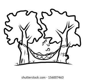 two trees with man relaxing on hammock and sing a song / cartoon vector and illustration, hand drawn, sketch style, isolated on white background.