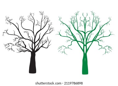 two trees on in black the other in green on a white background