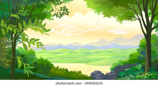 Two trees, a pile of rocks, a bunch of lowers, thick bushes of plants, vast beautiful meadows, and a limitless range of mountains.