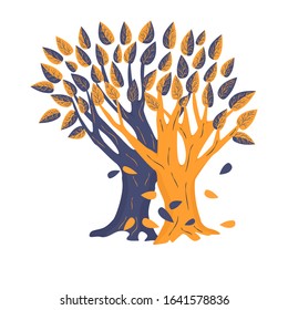 Two trees purple and orange on a white background. The impact of biotechnology on nature. Mutual penetration of symptoms. Genetic Engineering. Modern science.