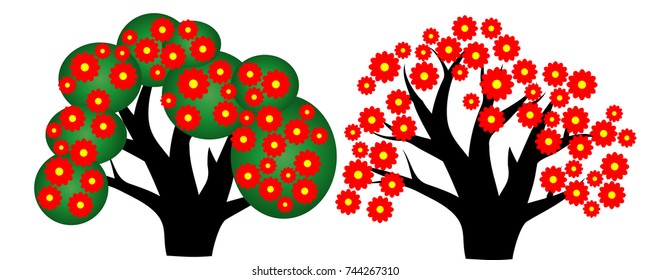 Two trees with red-yellow flowers, leaves