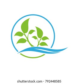 Two trees and  sea wave. Leaf logo. Color tree logo. Leaf and sea icon. 