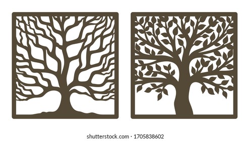 Two trees in a square frame, with and without leaves. Brown trunk, branches. Design element, sample panel for plotter cutting. Template for paper cut, plywood, cardboard, metal engraving, wood carving