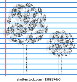 two trees textured and drawn on a sheet of notebook horizontal blue stripes