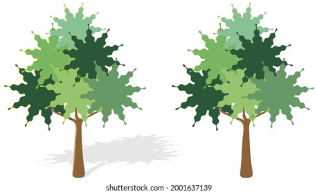 Two trees in a volumetric and flat style. Social media element. Lovely illustration in paper cut style. Technology concept design. Business concept. Online communication.