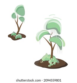 Dos árboles.Estilización.Verde árbol y broun.Sobre un fondo blanco.Ilustración plana vectorial para imprimir, postal, cubierta, tarjeta jardín.