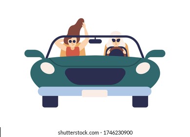 Two trendy girl in sunglasses on convertible vector flat illustration. Fashion female friends ride on cabriolet car isolated on white background. Women driver and passenger on auto without roof