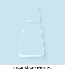 Dos plantillas de teléfono móvil de moda con pantalla en blanco para la aplicación de diseño. Burla de vectores. Modelo de smartphone de arcilla para presentación de interfaz. Vista frontal y directamente encima.
