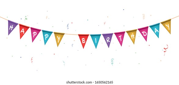Zwei Dreieck-Fahnen-Girlanden mit Happy Birthday Text. Glückliche Urlaubskarte.