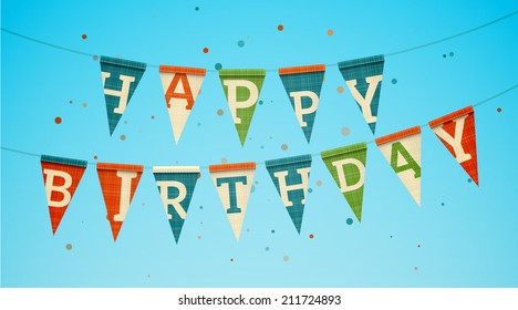 Two triangle flag garlands with Happy Birthday text. EPS10 vector illustration.